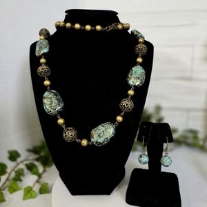 VCLM Nordstrom Gold with Faux Stone Long Necklace Earrings Set